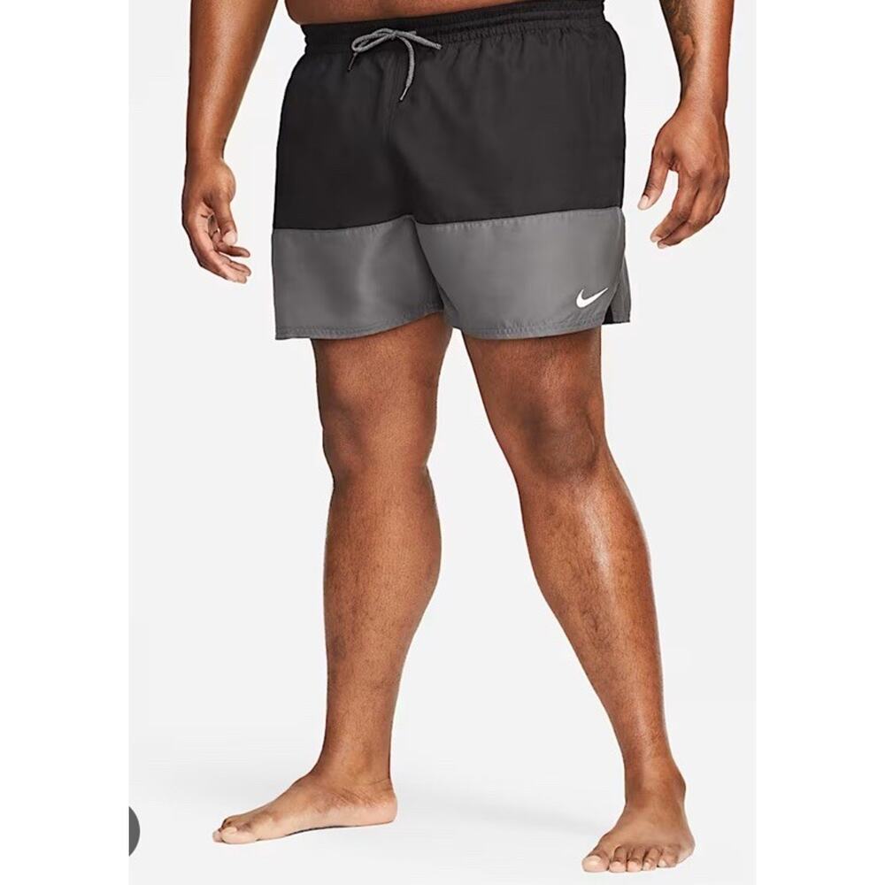 Nike Mens‎ Swim Trunks Black Grey Colorblock Board Shorts Swoosh NESSA560